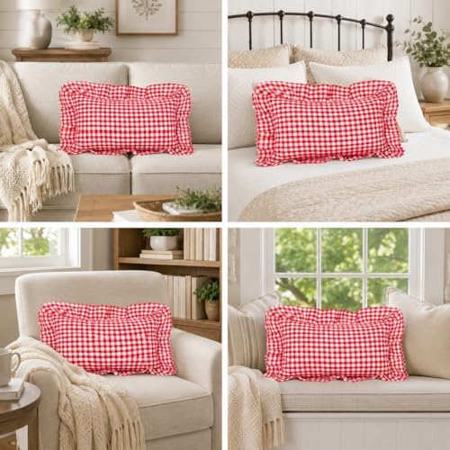 JoraLion Ruffled Throw Pillow Cover 12x20 Gingham Red - Image 3