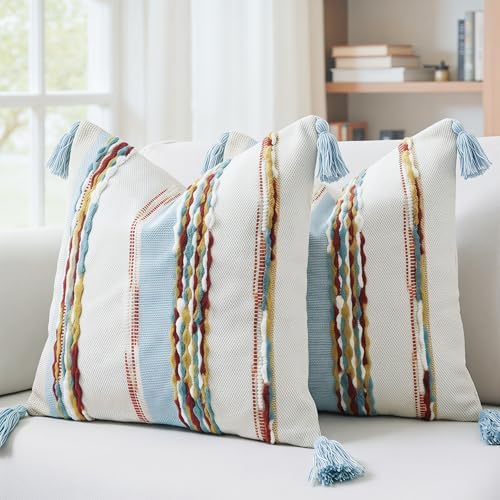 PANOD Chenille Farmhouse Throw Pillow Covers 18 x 18 Blue Brown, Neutral Boucle by PANOD