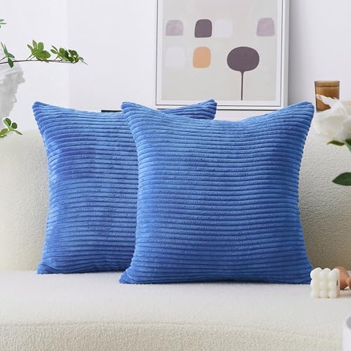 Home Brilliant Blue Pillow Covers Striped Corduroy Euro Sham 24 inch Throw by HomeBrilliant