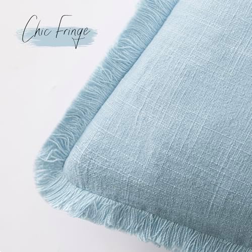 Foindtower Boho Linen Fringe Lumbar Throw Pillow Covers 12×20 Light Blue - Image 3