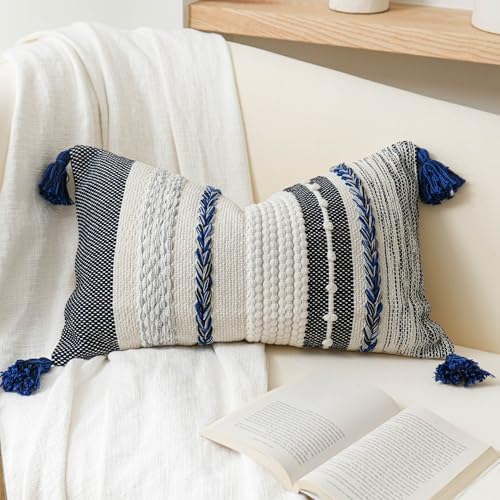 BlissBlush Decorative Lumbar Throw Pillow Cover 12x20 Boho Dark Blue Accent by BlissBlush