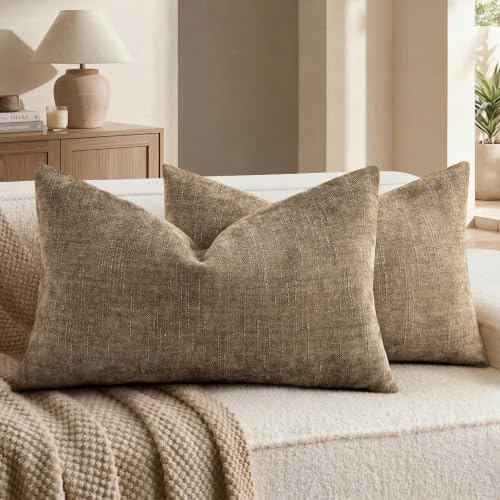 decorUhome Chenille Throw Pillow Covers 12x20 Set of 2, Light Taupe by decorUhome