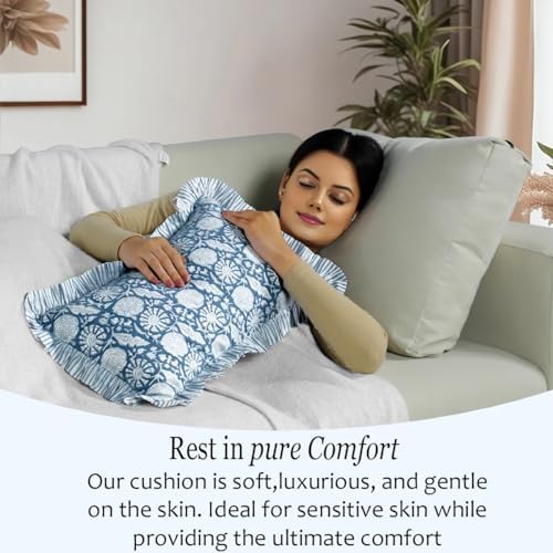 CPC Block Print Blue Meadow Ruffle Cotton Lumbar Pillow Cover 12x20 inch - Image 7