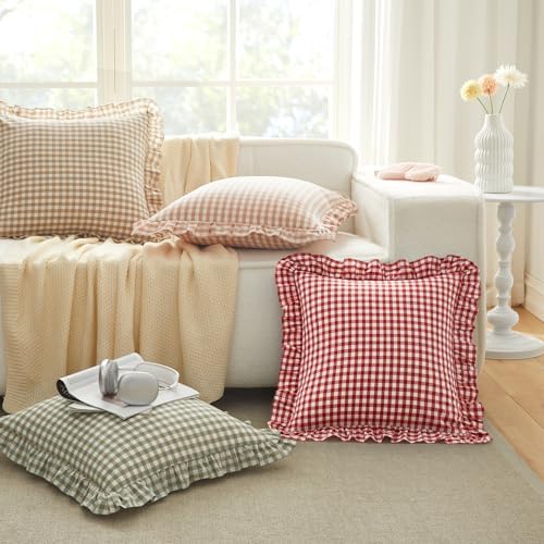 KKJIAF 2 Pcs Ruffle Gingham Pillow Covers 24" x 24" - Image 4