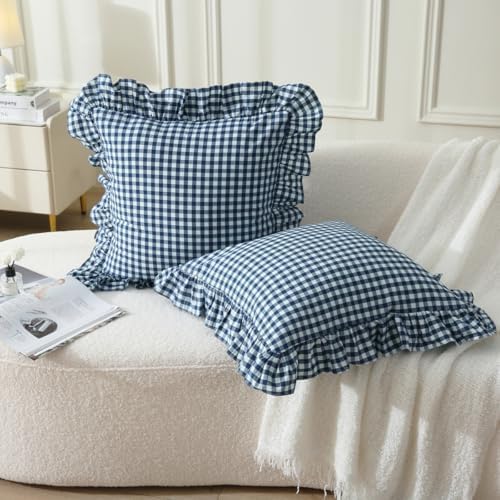 Silnuo Navy Blue/White Gingham Plaid Ruffle Throw Pillow Covers 18"x18" by Silnuo