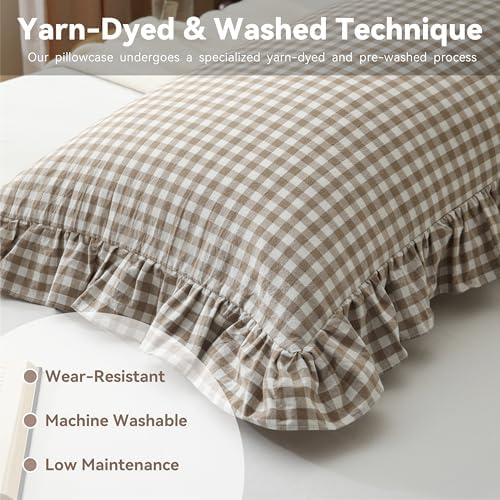 Warm Taupe Gingham Body Pillow Cover 20x54, Ruffled Cotton Sham - Image 4