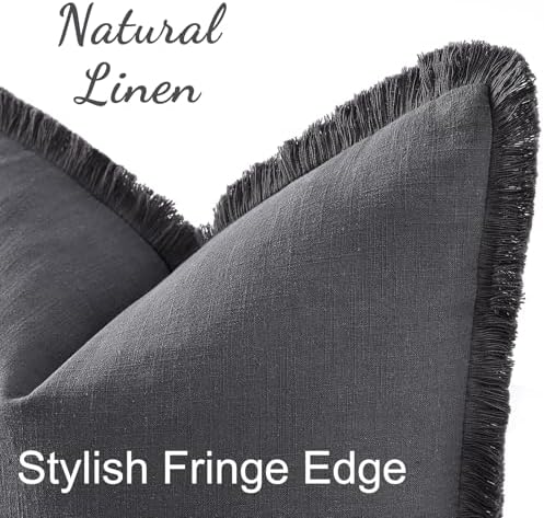 decorUhome Linen Fringe Dark Grey Throw Pillow Covers 22x22 Set of 2 - Image 2