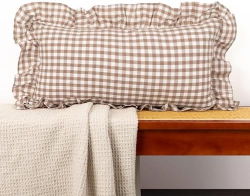 JoraLion Ruffled Lumbar Pillow Cover 14x24 Gingham Khaki by JoraLion