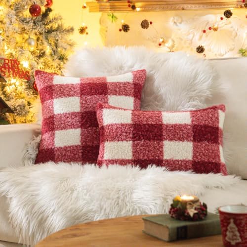 AQOTHES Red White Plaid Christmas Throw Pillow Covers 20x20 Inch Set of 2 - Image 2