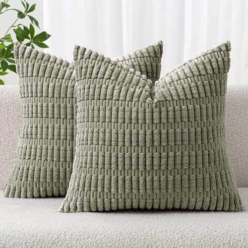 MIULEE Corduroy Decorative Throw Pillow Covers 20x20 Light Olive Pack of 2 by MIULEE