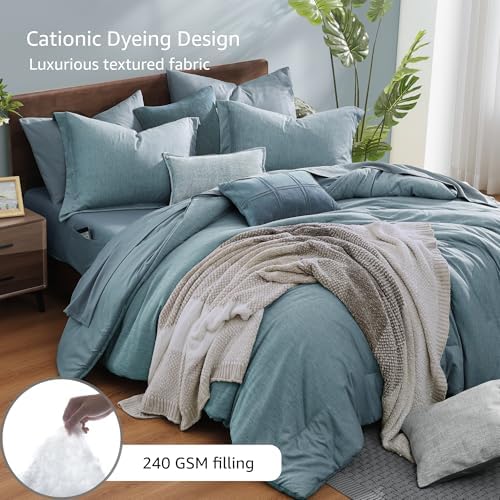 Monbix Queen Comforter Set 7 Pieces Dusty Blue Cationic Dyeing Bed in a Bag - Image 3