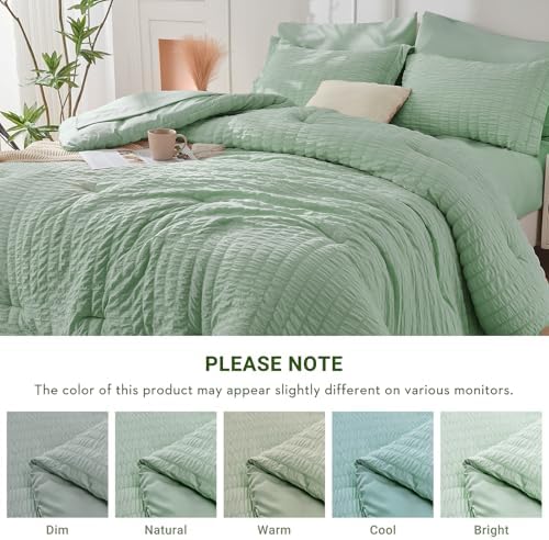 HYMOKEGE Sage Green Oversized King Comforter Set Seersucker 7 Pieces, All - Image 7