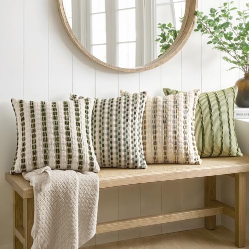 ANRODUO Boho Decorative Pillow Covers Olive Stripe 18x18 Inch Set of 2 - Image 6