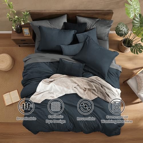 Monbix Queen Comforter Set 7 Pieces Navy Blue Cationic Dyeing Bed in a Bag - Image 2