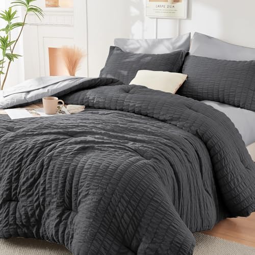 HYMOKEGE Dark Grey/Light Grey King Size Comforter Set Seersucker 7 Pieces by HYMOKEGE