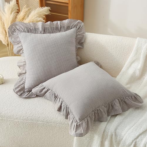 Gingham Throw Pillow Covers 18x18, Ruffle Trim by Jilboo
