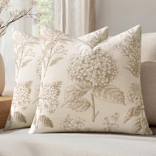 Set of 2 Decorative Floral Pillow Covers 20x20 Inch Tan Beige by SWANCOCO