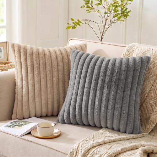 Set of 2 Decorative Throw Pillow Covers 18x18 Faux Fur Dark Gray - Image 6