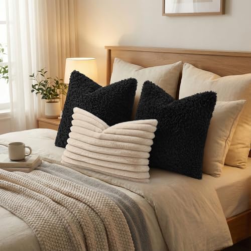 decorUhome Sherpa Decorative Throw Pillow Covers 12x20 Set of 2 Black - Image 7