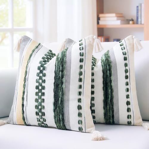 PANOD Chenille Farmhouse Throw Pillow Covers 18 x 18 Dark Green, Neutral Boucle - Image 2