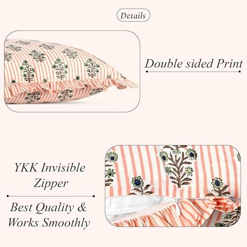Ridhi Salmon Blossom Block Print Ruffle Pillow Covers 16x16 Inch Set of 2 - Image 2