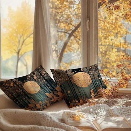 Vintage William Morris Inspired Gold Forest Moon Pillow Covers 18x18 Set of 2 - Image 6
