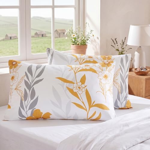 Bedorm 100% Cotton Pillowcases King Size Set of 2 Yellow Floral Pillow Covers by Bedorm