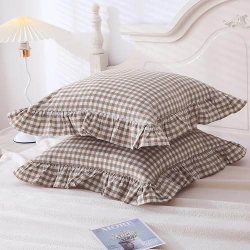 Mywinlle Taupe Plaid Gingham Ruffle Decorative Throw Pillow Covers 24"x24" - Image 3