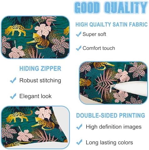 Body Pillow Cover with Zipper, Tropical Flowers Palm Leaves Jaguar Imitation - Image 4