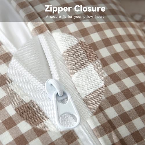 Gingham Throw Pillow Covers 22 x22, Warm Taupe/White, Ruffle Trim - Image 6