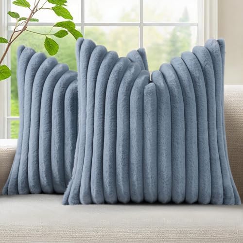 decorUhome Fall Faux Fur Throw Pillow Covers 26x26 Set of 2 Grey Blue by decorUhome