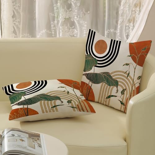Boho Orange Pillow Covers 18x18 Set of 2 Green Gold Leaf Tropical Mid Century - Image 5