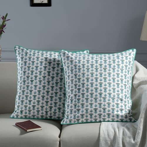 Ridhi Block Print Aquamarine Blue Pillow Cover 24" x 24" Decorative Couch - Image 2