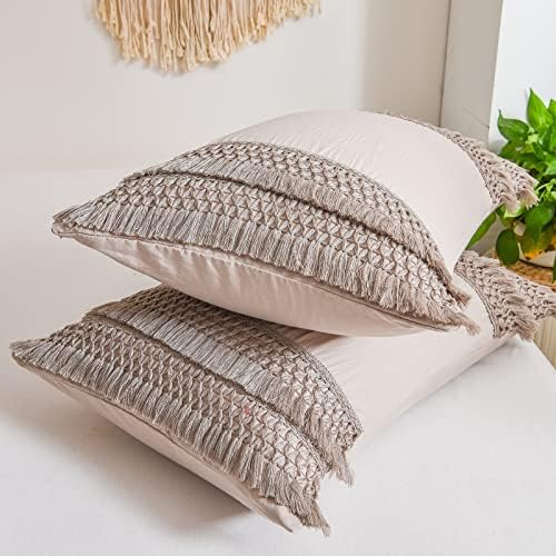 Taupe Tassel Pillowcases, Khaki Standard Pillow Cases Set of 2, Soft Washed - Image 2