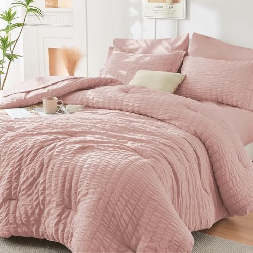 HYMOKEGE Rose Gold California King Comforter Set Seersucker 7 Pieces, All by HYMOKEGE