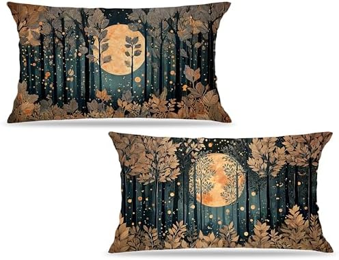 Vintage William Morris Inspired Gold Forest Moon Pillow Covers 20x12 Set of 2 by Unknown
