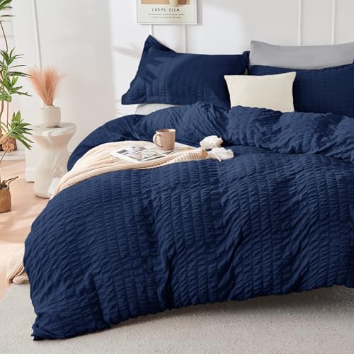 HYMOKEGE Navy Blue/Light Grey Oversized King Comforter Set Seersucker 7 Pieces - Image 2