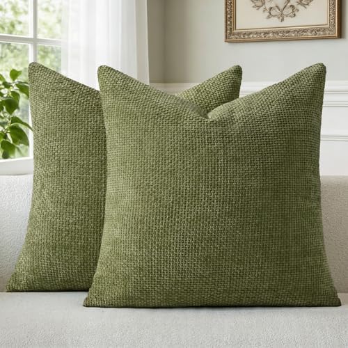 a moment Olive Green Chenille Throw Pillow Covers 24x24 Inch Pack of 2 Modern by amoment
