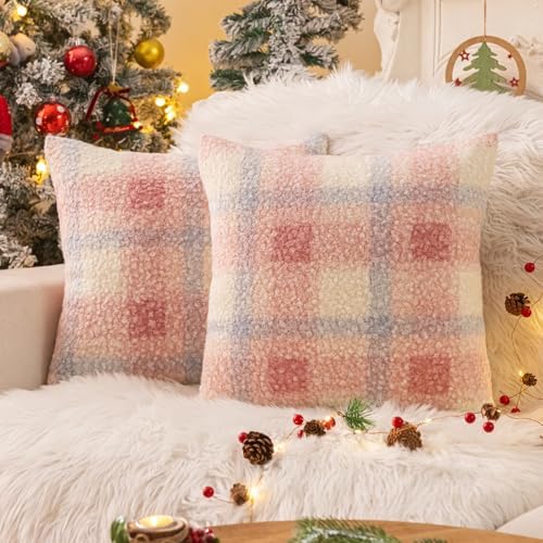 AQOTHES Pink White Plaid Christmas Throw Pillow Covers 18x18 Inch Set of 2 by AQOTHES
