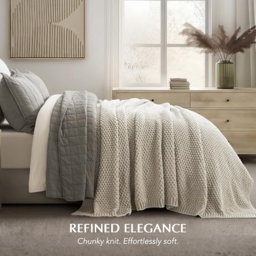 EVERGRACEHOME Chunky Chenille Knit Throw Blanket, 90 x 90, Warm Gray - Image 2