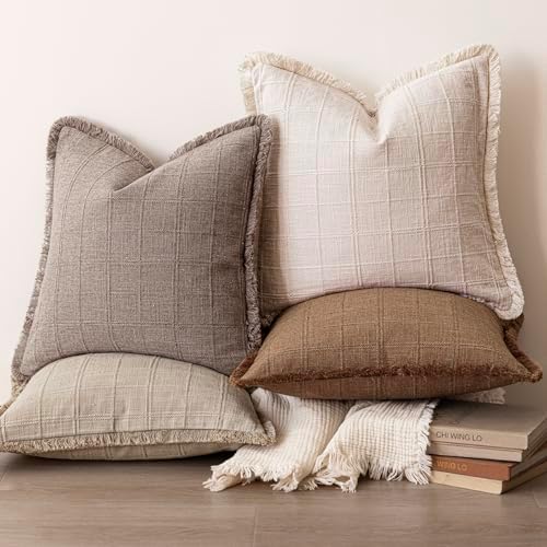 Foindtower Set of 2 Decorative Linen Check Fringe Throw Pillow Covers Farmhouse - Image 6