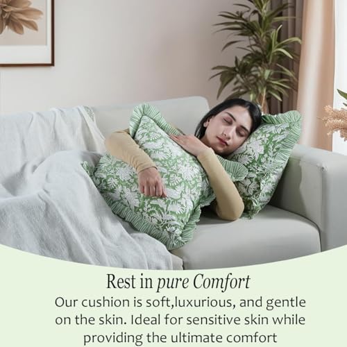 CPC Olive Green 100% Cotton Block Print Ruffle Pillow Cover 16X16 inch - Image 2