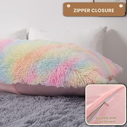MEGO Rainbow Print Fluffy Faux Fur Body Pillow Cover 20x54 - Image 4