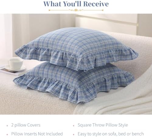 Gingham Throw Pillow Covers 18x18, Denim Blue Plaid, Ruffle Trim - Image 7