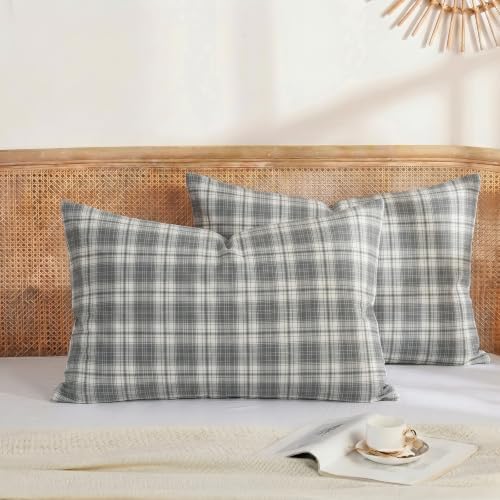 Merryword 100% Cotton Pillow Cases, Queen Size, Mist Gray Plaid Pillowcases by Merryword