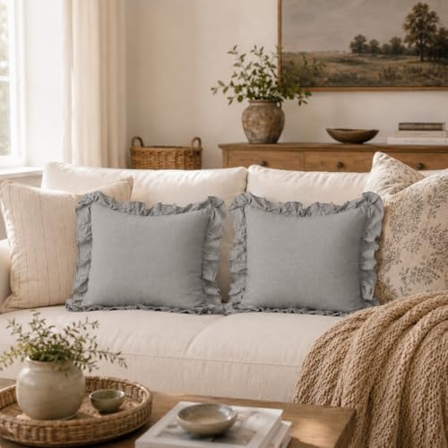 JoraLion Ruffled Throw Pillow Cover 18x18 Solid Light Gray by JoraLion