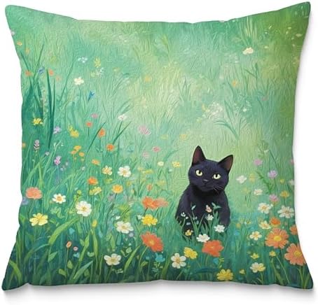 Floral Black Cat Pillow Covers 18x18, Cats Lovers Lady Gifts, Cat Gifts by Fuasei