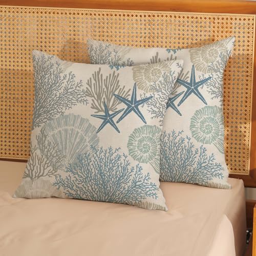 Nautical Coastal Pillow Covers 20x20 Set of 2 Blue Beach Themed Ocean Seashell - Image 3