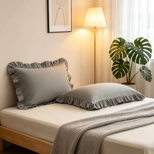 Ruffle Pillow Case King Size Set of 2, Dark Gray - Image 3