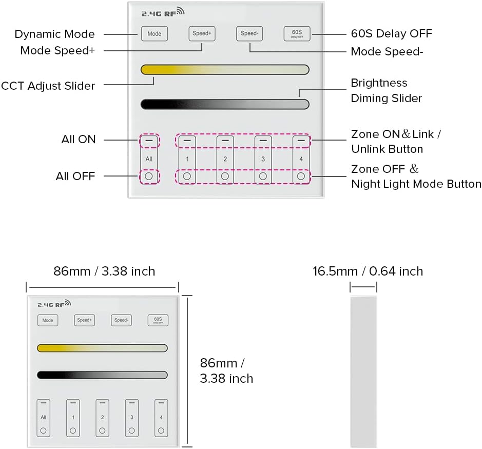 BTF-LIGHTING Wireless 2.4G RF 4 Zone Single Color Wall Mounted Smart Panel Remote Powered by 2XAAA Batteries 3V Work with WB5 LM052 LM053 C01RF C02RF C01W C02W etc PWM Controller